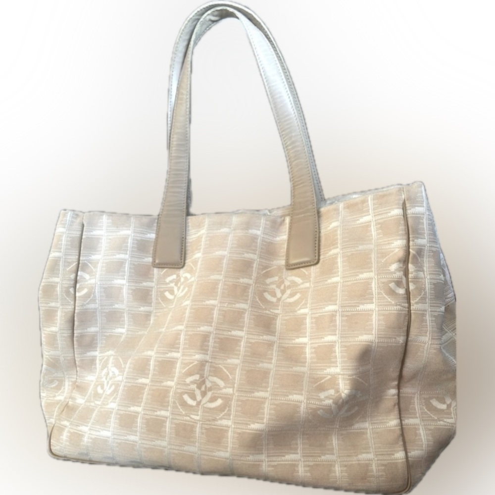 Chanel Canvas Tote Bag Beige CC Logo Shoulder Bag Large Shopper EUC